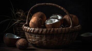 cocos frutas dentro uma bambu cesta com borrado fundo, ai generativo foto