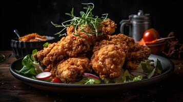 crocantes frito frango em de madeira prato com borrado fundo, ai generativo foto