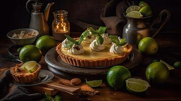 fechar acima doce Lima torta com fatiado Lima fruta borrão fundo, ai generativo foto