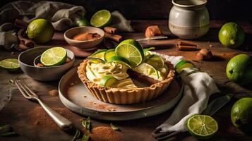 Lima torta com fatiado Lima fruta borrão fundo, ai generativo foto