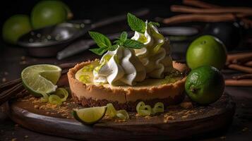 Lima torta com fatiado Lima fruta borrão fundo, ai generativo foto