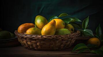 fechar-se fresco manga frutas dentro uma bambu cesta com borrado fundo, ai generativo foto