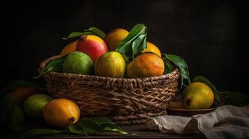 manga frutas dentro uma bambu cesta com borrado fundo, ai generativo foto