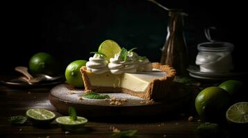 fechar acima doce Lima torta com fatiado Lima fruta borrão fundo, ai generativo foto