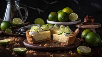 fechar acima doce Lima torta com fatiado Lima fruta borrão fundo, ai generativo foto