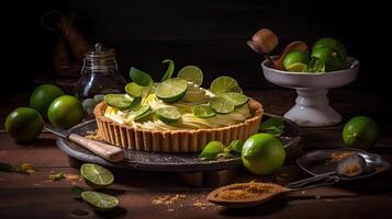 fechar acima doce Lima torta com fatiado Lima fruta borrão fundo, ai generativo foto