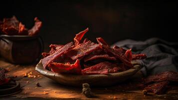 fechar acima picante carne espasmódico com borrado fundo, ai generativo foto