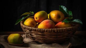 fechar-se fresco manga frutas dentro uma bambu cesta com borrado fundo, ai generativo foto