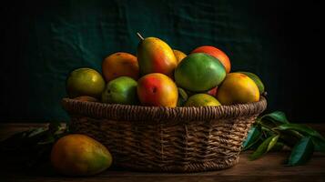 fechar-se fresco manga frutas dentro uma bambu cesta com borrado fundo, ai generativo foto