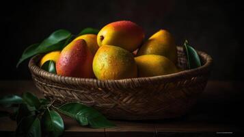 fechar-se fresco manga frutas dentro uma bambu cesta com borrado fundo, ai generativo foto