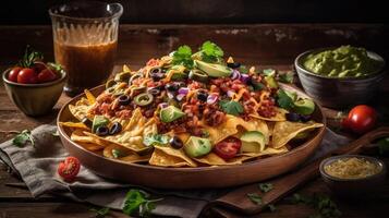 nachos cheio do pedaços do legumes com borrado fundo, ai generativo foto