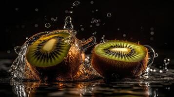 fechar-se kiwi bater de salpicos do água com Preto borrão fundo, ai generativo foto