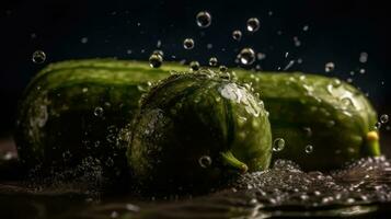 pepino bater de salpicos do água com Preto borrão fundo, ai generativo foto