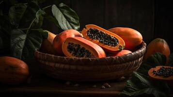 fechar-se mamão frutas dentro uma bambu cesta com borrão fundo, ai generativo foto