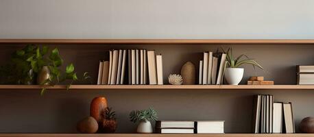 foto do uma estante de livros preenchidas com livros e plantas, criando uma acolhedor e convidativo atmosfera com cópia de espaço