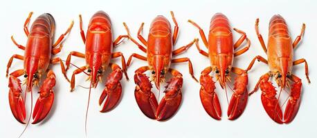 foto do uma grupo do vibrante vermelho lagostas arranjado ordenadamente em uma limpar \ limpo branco superfície com cópia de espaço