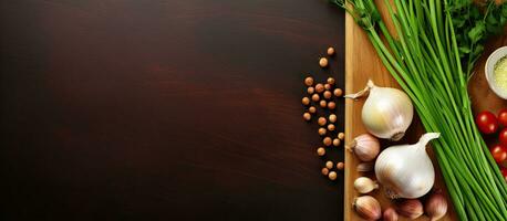 foto do uma colorida sortimento do fresco legumes em uma rústico de madeira corte borda com cópia de espaço