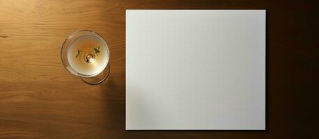 foto do uma mesa com uma vinho vidro e uma em branco papel, perfeito para adicionando seu próprio mensagem ou Projeto com cópia de espaço
