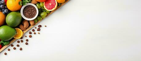 foto do uma vibrante arranjo do frutas e legumes formando uma colorida triângulo com cópia de espaço