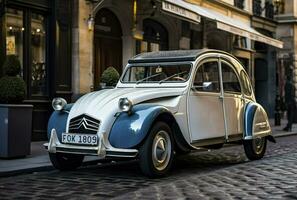 clássico azul Citroen carro parque dentro frente do a prédio, generativo ai foto