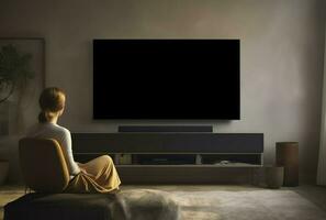 sentado às casa dentro a vivo quarto assistindo chave tela televisão, televisão brincar transparente fundo, generativo ai foto