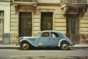 clássico azul Citroen carro parque dentro frente do a prédio, generativo ai foto