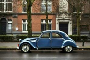 clássico azul Citroen carro parque dentro frente do a prédio, generativo ai foto