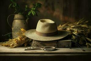 rústico mesa com uma Palha chapéu, retro expedição estilo, generativo ai foto