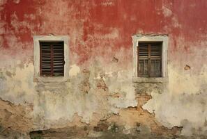 velho de madeira janelas em uma vermelho tijolo parede, retro e rústico estilo, generativo ai foto
