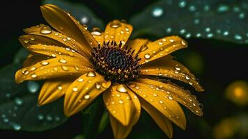 ai generativo fechar-se detalhe do uma amarelo margarida flor com balck pontos dentro a ornamental jardim foto