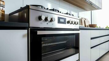 ai generativo interior Projeto decoração mostrando moderno cozinha fogão forno com armários dentro luxo apartamento sala de exposições foto