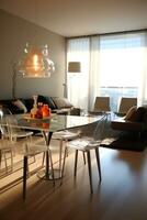 ai generativo interior Projeto do uma luxo apartamento mostrar casa jantar área com mesa foto