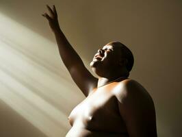 estúdio tiro do mais Tamanho africano homem dinâmico emocional gestos ai generativo foto