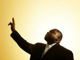 estúdio tiro do mais Tamanho africano homem dinâmico emocional gestos ai generativo foto