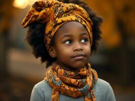 emocional dinâmico gestos africano criança dentro outono ai generativo foto