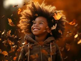 emocional dinâmico gestos africano criança dentro outono ai generativo foto