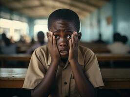 africano criança dentro emocional dinâmico pose dentro escola ai generativo foto