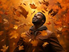 africano homem dentro emocional dinâmico pose em outono fundo ai generativo foto