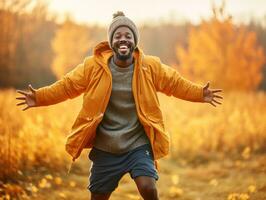 africano homem dentro emocional dinâmico pose em outono fundo ai generativo foto