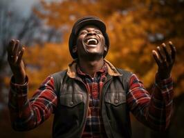 africano homem dentro emocional dinâmico pose em outono fundo ai generativo foto