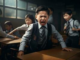 ásia criança dentro emocional dinâmico pose dentro escola ai generativo foto