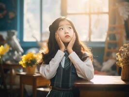 ásia criança dentro emocional dinâmico pose dentro escola ai generativo foto