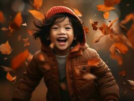 ásia criança dentro emocional dinâmico pose em outono fundo ai generativo foto