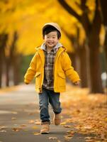 ásia criança dentro emocional dinâmico pose em outono fundo ai generativo foto