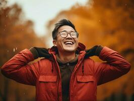 foto do emocional dinâmico pose ásia homem dentro outono ai generativo