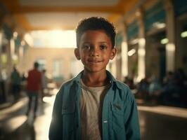 foto do emocional dinâmico pose brasileira criança dentro escola ai generativo