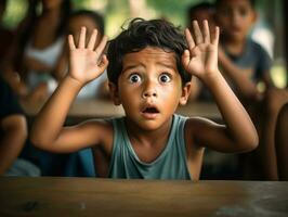 foto do emocional dinâmico pose brasileira criança dentro escola ai generativo