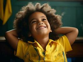 foto do emocional dinâmico pose brasileira criança dentro escola ai generativo