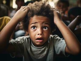 foto do emocional dinâmico pose brasileira criança dentro escola ai generativo