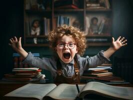 foto do emocional dinâmico pose europeu criança dentro escola ai generativo